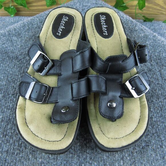 Skechers‎ Women Slide Sandal Shoes Black Leather Size 6 Medium - Picture 3 of 10